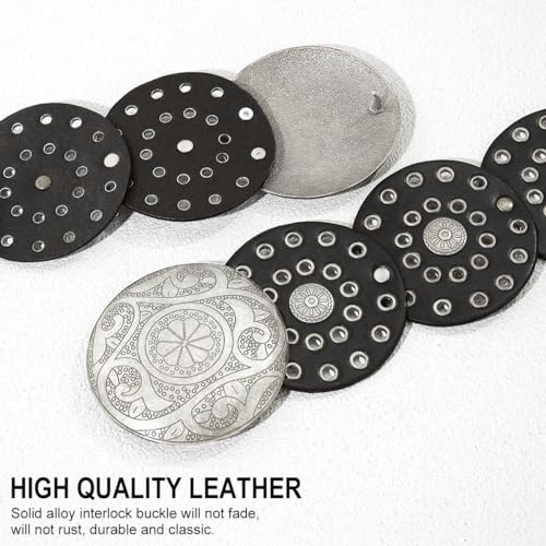 Wide Disc Belt for Women Vintage Leather Hollow Out Round Belt Western Waist Belt - color: Silver Black, size: S (39.7 in)
