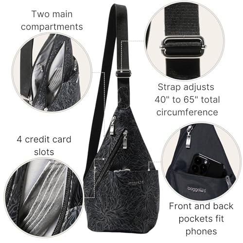 Baggallini Mini Sling - 12x7 Sling Crossbody Bag Backpack with Adjustable Shoulder Strap - color: Midnight Blossom