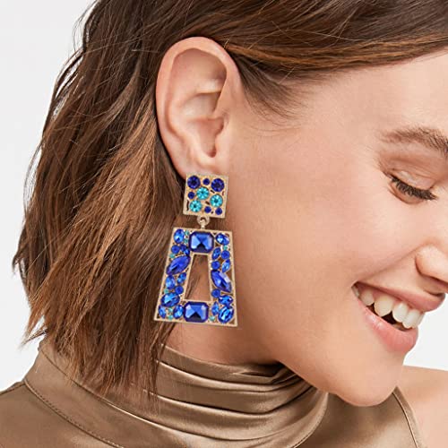 Rhinestone Rectangle Statement Earrings Colorful Crystal Geometric Drop Dangle Earrings for Women Prom Party - color: royal blue