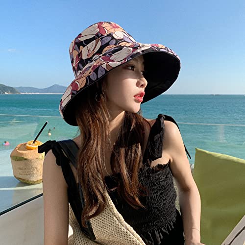 HUAMULAN Women Summer Sun Hat Wide Brim Wired Edge Floral Beach Bucket Hats Reversible Foldable Travel UV Protection Lady Hat - color: M1744-black