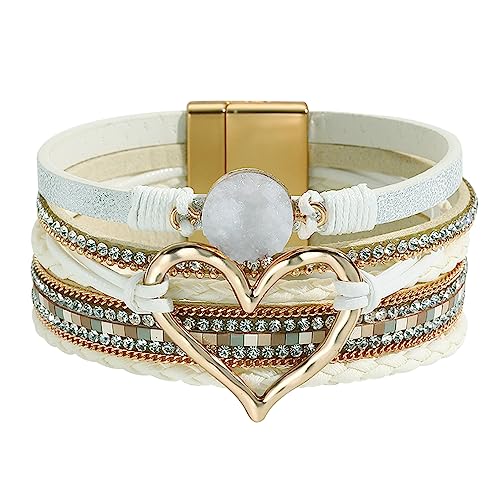 Womens Multi Layer Heart Leather Wrap Bracelet Boho Stackable Cuff Bangle Magnetic Clasp Crystal Birthday Valentine Gift - color: White