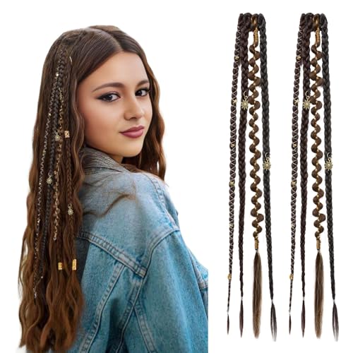 REECHO Clip in Braid Hair Extensions for Women, 16" Boho Dreadlock Clip in Braids with Beads & Charms, 2PCS Handmade Synthetic Braided Hairpieces for Cosplay Daily Styling, Dark Brown Mix - color: Dark Brown Mix, size: 16 Inch