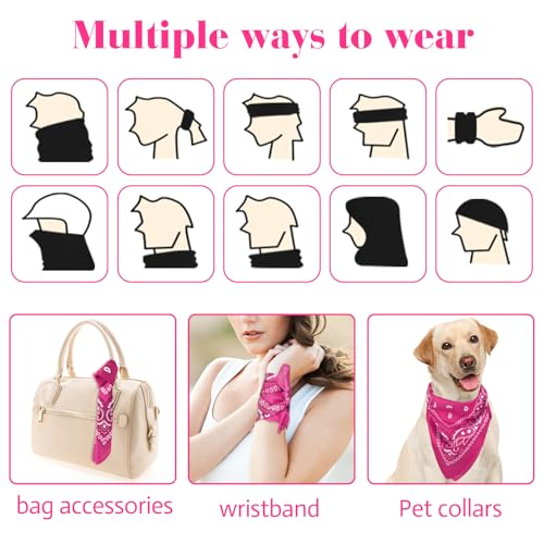 PLULON Bandanas for Men Women 4/12/24/30 Pack, Paisley Pattern Bandana Bulk Headbands Handkerchief Face Mask 100% Polyester - color: Hot Pink