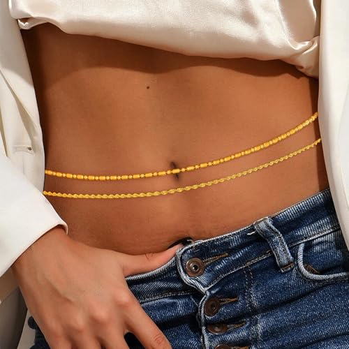 ELABEST Layered Gold Belly Chain 14K Plated Waist Chian Adjustable Sexy Waist Jewelry for Women - size: L(37inch+9.8inch), style: B(Gold)
