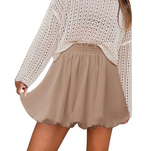 Womens Bubble Skirt High Waisted Ruffled Cute Casual Dressy Mini Skorts Summer Going Out Bloomer Skater Outfit - color: Khaki, size: Small