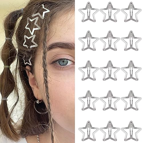 Star Hair Clips 2000s Y2K Snap Hair Barrettes Non Slip Star Hair Accessories Silver Metal Hair Clips for Girls Women -15 PCS 1.18" - color: 15 P -1.18"-silver