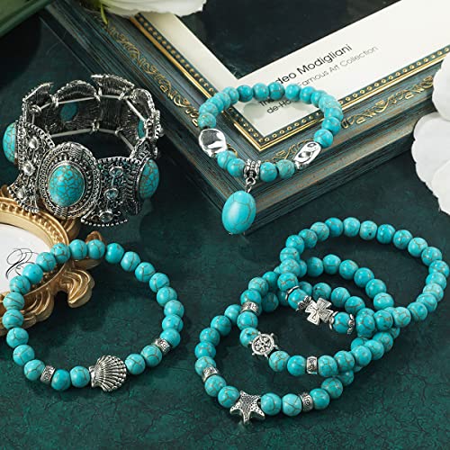 Turquoise Bracelet for Women, 8mm Beaded Stretchable Unisex Bracelet, Boho Turquoise Bead Bracelet Stone Beaded Bracelets Turquoise Jewelry for Women - color: Turquoise Pendant