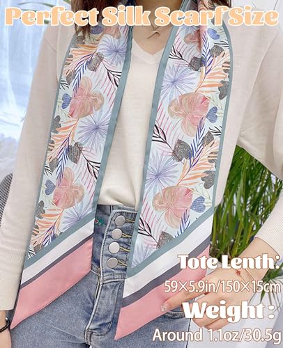 kcctoo 59” Long Silk Like Head Scarf Women's Fashion Square Neck Satin Scarfs for Bag Hair Scarves Gift 59 * 5.9” - color: Q1 Pink Leaf 59" X 5.9"