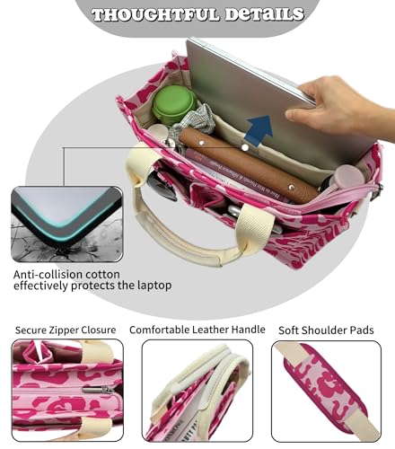 Large Canvas Tote Bag for Women Work Tote Bags with Pockets Laptop Crossbody Purses Everyday Bag Handbags for Travel - color: New Upgrade Plus Leopard Pink