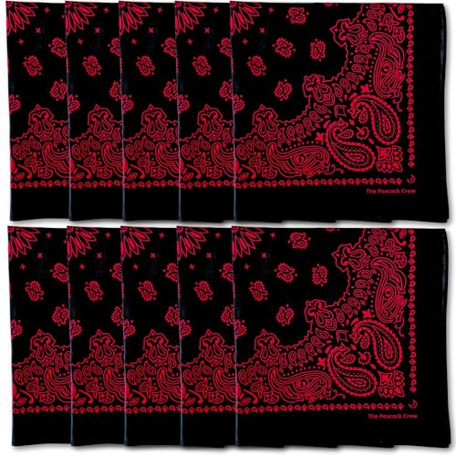The Peacock Crew Premium Soft Cotton Bandanas Pack for Men and Women Paisley 22 x 22 inches - color: Pack of 10 Black Red