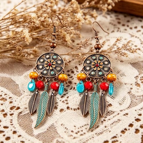 Boho Turquoise Drop Earrings Retro Long Copper Feather Tasse Metal Leaf Dangle Earrings Vintage Country Western Jewelry Cowgirl Ethnic Style Geometric Concert Festival Accessories for Women - color: Red Yellow