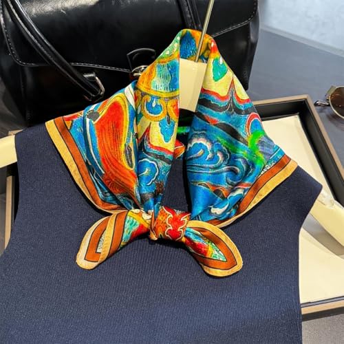 MEISEE 100% Pure Mulberry Silk Scarf 21" Square Scarf Neckerchief Headscarf Breathable Lightweight for Women Gift Packed - color: Blue and Orange Ethnic Style