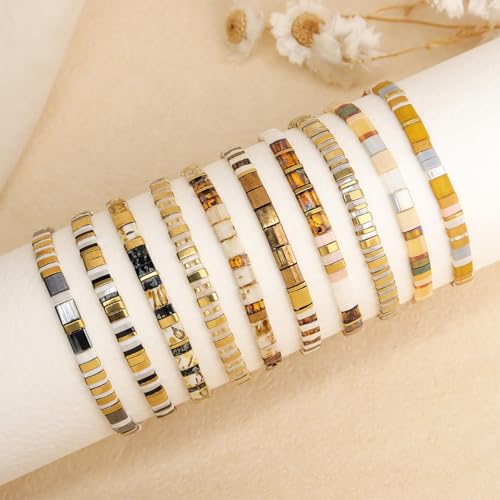 Sonateomber Tila Flat Beaded Stretch Bracelets for Women, Trendy Unique Colorful Square Beads Handmade Stack Bracelet Friendship Accessories Fashion Jewelry Gift - color: Brown Yellow