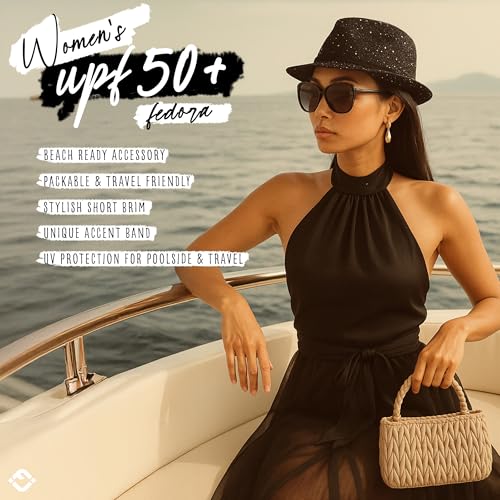 Funky Junque Straw Fedora Hats for Women - UPF 50+ Sun Hat, Short Brim Packable Beach Hat with Woven Pattern - color: Sequin - Black