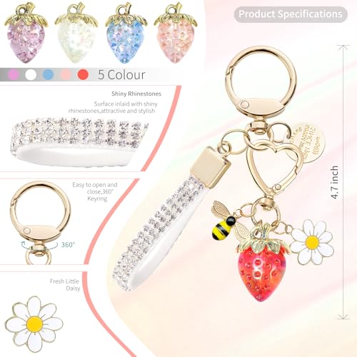 Keychain for Women Girls Bling Heart/Star/Strawberry Key Chain Accessories for Key/Backpack Bag Charm - color: Red Strawberry
