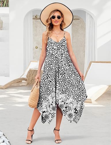 Chigant Women's 2026 Summer Dress Casual Boho Sundress Spaghetti Strap Swimwear Cover Up Beach Flowy Midi Vacation Dresses - color: Black White Floral, size: X-Large