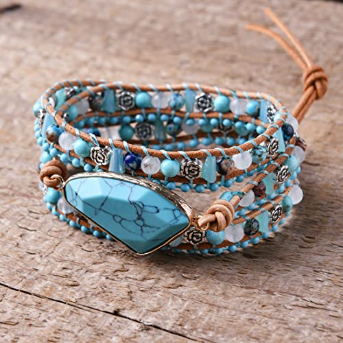 YGLINE Boho Handmade Wrap Leather Tube Crystal Stone Bracelet for Women - color: Turquoise-3 wrap