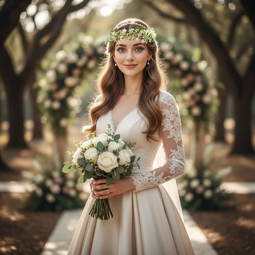 Vivivalue Daisy Flower Crown Floral Wreath Headband Hair Garland Flower Halo Headpiece with Ribbon Wedding Party Festival Photos White - color: 54