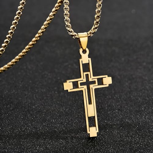 Bohemian style hollow fashion double cross stainless steel pendant necklace, suitable for men and women for daily casual fashion party gatherings religious amulets jewelry accessories gifts - color: Color: Gold