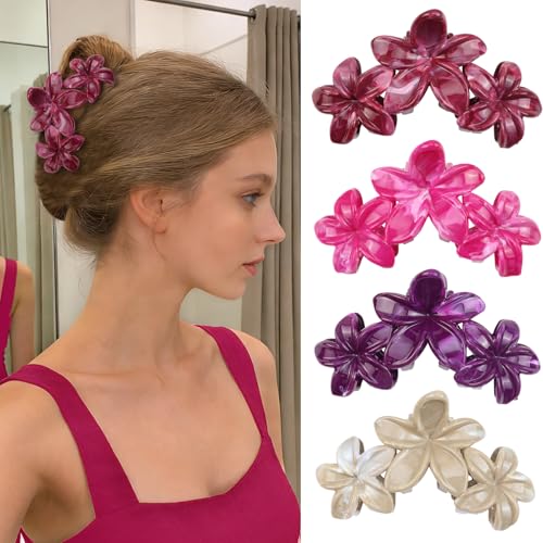 4Pcs Cute Hawaiian Flower Claw Hair Clips for Women Burgundy Plumeria Large Claw Clips for Thick Thin Hair Dark Purple Beach Hair Accessories for Women and Girls - color: 11-Colorful
