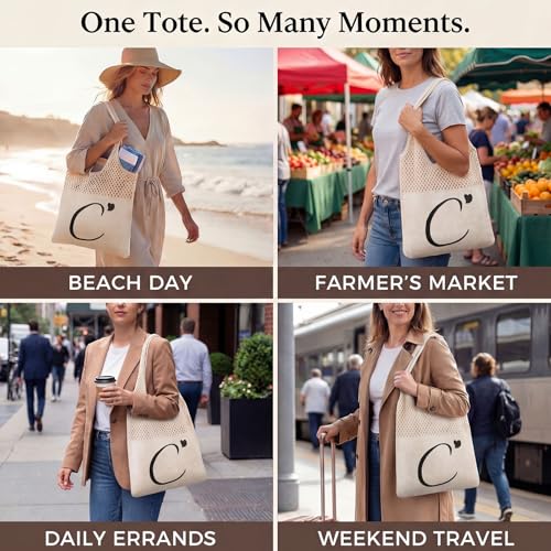 Shinylin Personalized Crochet Tote Bag for Beach Women Beige Mesh Knit Shoulder Bag Boho Aesthetic Tote for Women - style: Letter C