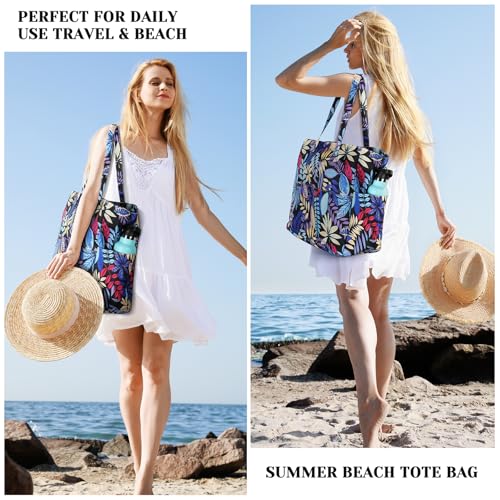 Trifabricy Beach Bags for Women Waterproof Sandproof Women Tote Bag, Large Beach Bag with Zipper for Gym Travel Vocation - color: Blue Leaves