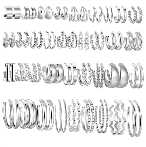 36 Pairs Gold Hoop Earrings Set for Women, Chunky Gold Earrings Multipack, Trendy Silver Hoop Earring Pack Jewelry - color: Style1-silver