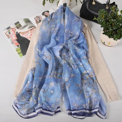100% Mulberry Silk Women's Neck Silk Scarf-Lightweight Shawl,FLoral Print Beach Silk Wrap-Scarves for Photography - color: Smoky Blue