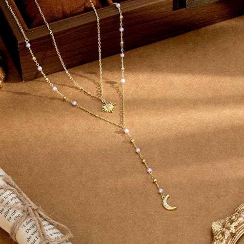 CHESKY Long Necklaces for Women, 14k Gold Plated/Streling Silver Lariat Necklace Dainty Statement Prom Necklace Rosary Cross Sun Drop Pendant Dangle Necklace Gold Prom Jewelry for Women Gifts - style: y necklace 16