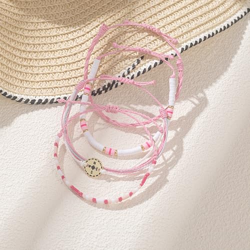 FANCY SHINY Boho Nautical Compass String Bracelets Beaded Clay Beads Bracelet Stackable Friendship Bracelets Summer Beach Outfits for Women Girls - color: Pink
