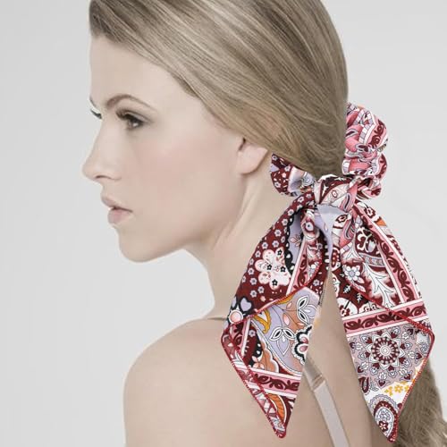 Hair Bow Scrunchies,6PCS Paisley Scrunchie Scarf Ties | Hair Scarves,Hair Scrunchie with Tails,Bandana Scrunchies,Scarf Ponytail Holder,Hair Accessories for Women,2 in 1 - color: paisley3