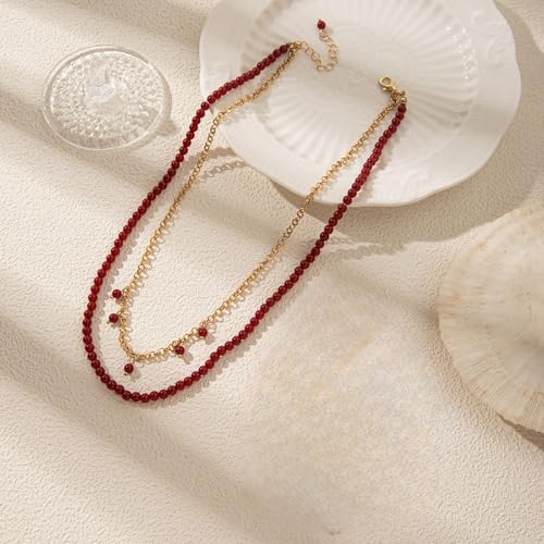 Red Beaded Necklace for Women Choker Gold Toggle Clasp Layered Stack Dainty Statement Western Boho Trendy Summer Vacation Necklaces Birthday Jewelry Gifts - color: B3:Red Beaded Necklace