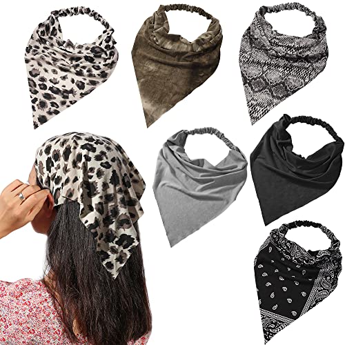 Vercret 6 Pack Hair Scarf Headband for Women Elastic Bandana Head Scarf Large Boho Triangle Kerchief with Clips Non Slip Scarves - color: B Pack Dark Colors