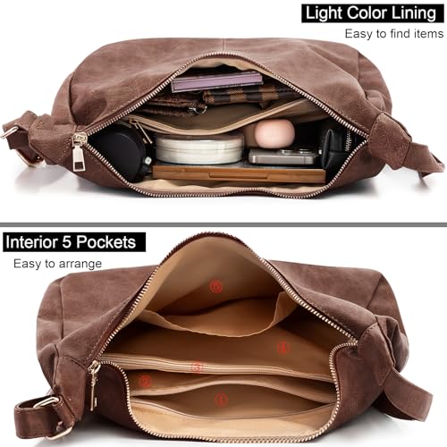 Hobo Bags for Women Foldable Vegan Leather Shoulder Handbag Slouchy Tote Crossbody Purses - color: Brown