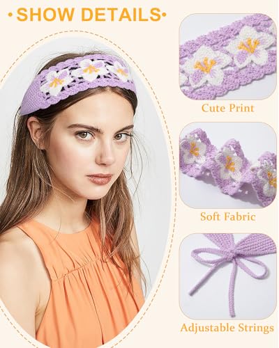 HAIMEIKANG Hippie Hair Bandanas Headbands for Women Boho Headband Knit Hair Bands Floral Head Wrap for Girls(Purple + Blue + Pink) - color: Purple + Blue + Pink