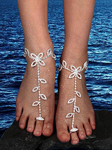 Hicarer 6 Pcs Foot Jewelry Barefoot Sandals for Women Rhinestone Bohemian Foot Ankle Chains for Beach Wedding - style: Rhinestone Star Leaf Mesh Style
