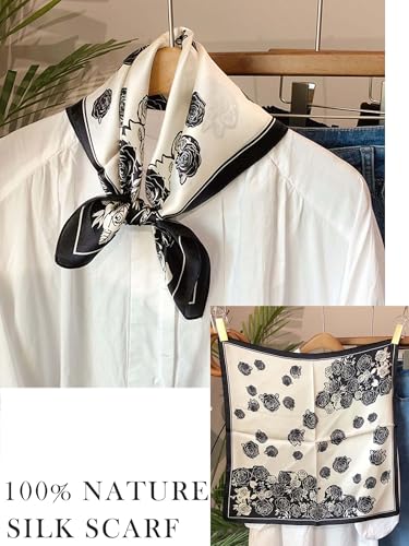 100% Mulberry Silk Scarf for Women Hair Lightweight Square Neckerchief Wrap For Head Scarves 21" - color: 21-black and White Flower Frame /21"*21"
