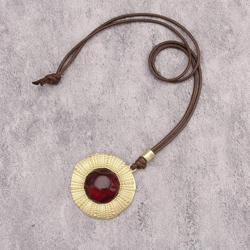 Bohemian Women's Leather Long Pendant Necklace Sweater necklace Adjustable Retro Woven Handmade Jewelry - color: Gold Red Stone