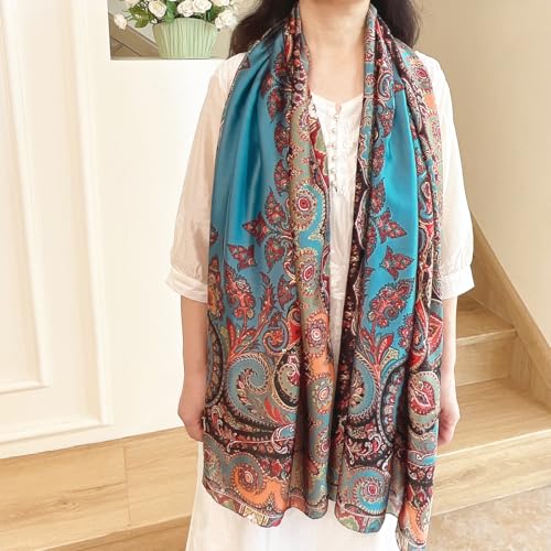 Long Silk Like Scarf Lightweight Satin Scarves Large Sunscreen Shawl Wrap for Women - color: 017.paisley Blue
