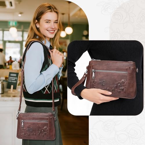 MEITRUE Wristlet Wallet Small Crossbody Bags for Women Clutch Purse Leather Phone Purse with Adjustable & Detachable Strap - color: A4-coffee-179