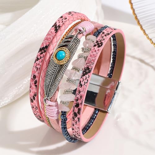 Long tiantian Boho Leather Wrap Bracelets Western Bracelets for Women Stackable Starfish Crystal Pearl Turquoise Leather Bracelet With Clasp Jewelry Gifts Boho Dresses - color: A7:Pink Bracelet