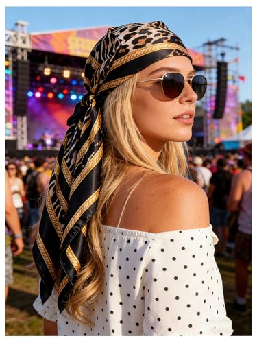 SweatyRocks Women's Printed Satin Hair Scarf Neckerchief Square Scarf Bandanas Head Wraps - color: Black Leopard