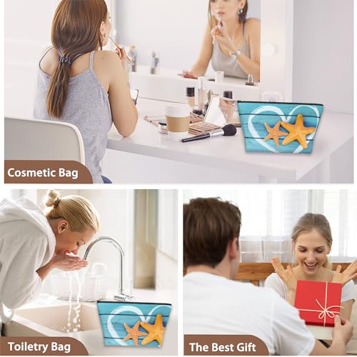 Beach Starfish Cosmetic Bag Coastal Blue Wooden Makeup Bags,Travel Make up Bags for Women Girls Cute Zipper Pouch Toiletry Organizer Bag Travel Essentials - color: Beach Starfish