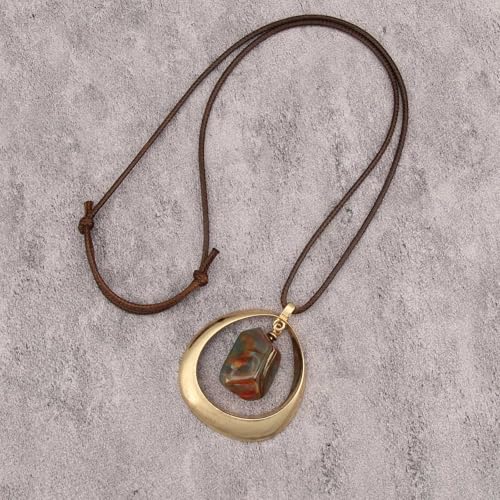 GelConnie Leather Necklace for Women Round Wooden Pendant Long Leather Choker Vintage Sweater Necklace Gold Chunky Boho Necklaces for Women - style: Brown Stone Leather Necklace