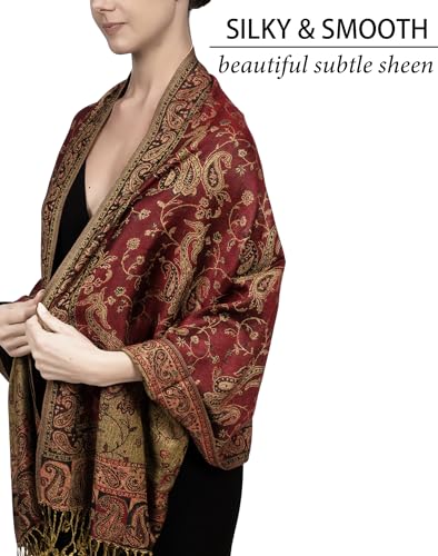Achillea Reversible Paisley Pashmina Rave Scarf – Exotic Indian Shawls and Wraps for Evening Dresses, Festivals, All Seasons - color: Burgundy