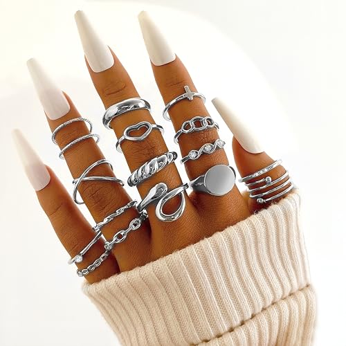 FAXHION 24-60 Pcs Gold Stackable Rings for Women, Knuckle Rings Chunky Gold Ring Set Dainty Stacking Cute Rings, Multiple Sizes Cute Jewelry Set Gift - style: Silver-24 Pcs