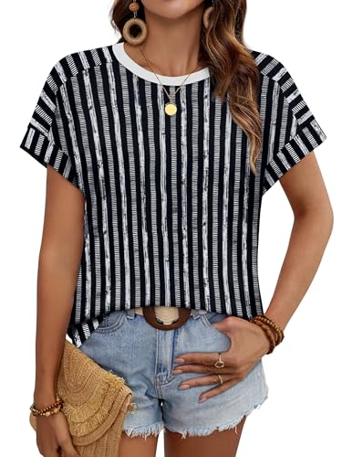 WIHOLL Womens Tops Short Sleeve Shirts Summer Outfits 2026 Spring Dressy Casual Clothes Clothing - color: Black Stripes, size: Large