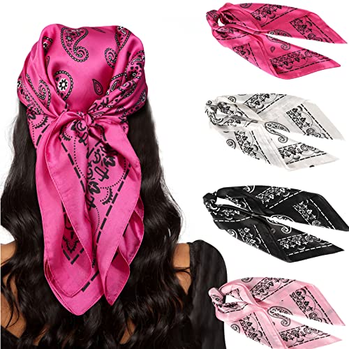 AWAYTR 27.5” Silk Satin Square Head Scarf - 4PCS Satin Head Scarves for Women Hair Kerchief Bandanas Sleeping Head Wraps - color: Cashew (Rose+pink+black+white)