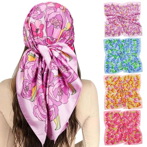 Molans 35" Silk Satin Square Head scarves - 4Pcs Large Scarfs Hair Bandana Head Kerchief Neck Scarf Sleeping Wraps for Women - color: Red/Pink/Yellow/Blue
