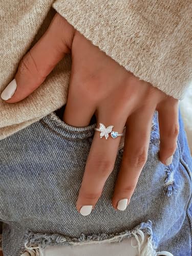 Bestyle 925 Sterling Silver Butterfly Ring Hypoallergnic Adjustable Birthstone Rings for Women Butterfly Jewelry Gifts for Anniversary Mothers' Day Birthday - color: 03.March(Aquamarine)